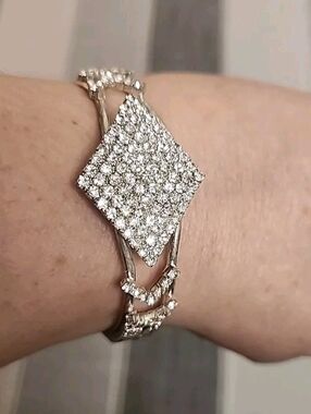 Silver Toned Bracelet Bangle Faux-Diamond Bling